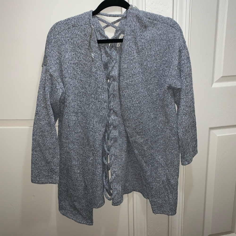 gray cardigan with lace at the back